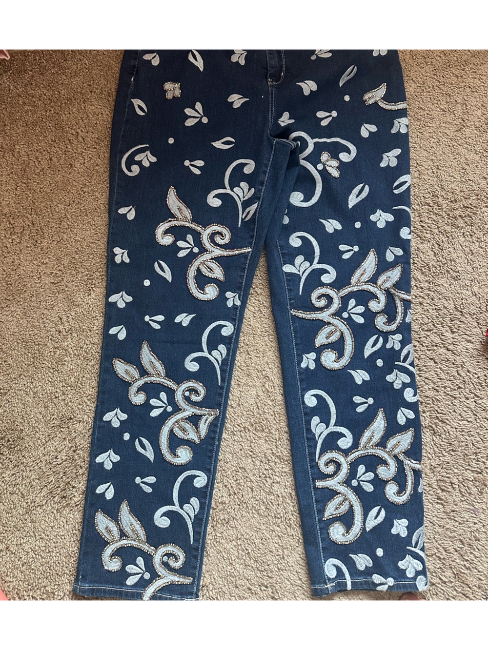 Chico’s Embellished Blue Women's Jeans with Silver Floral Accent size 2
